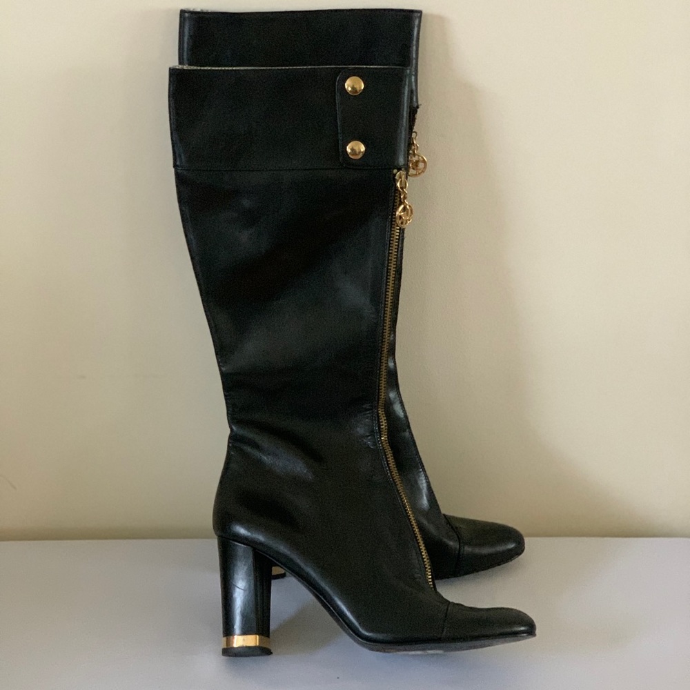 Bellofatto Black Leather Tall Boots Gold Trim Size 10